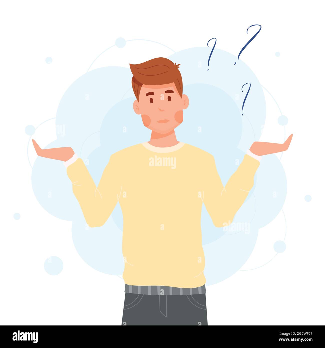 Confused Man Concept Illustration With Wide Spread Heands And Question Marks Flat Vector 2616