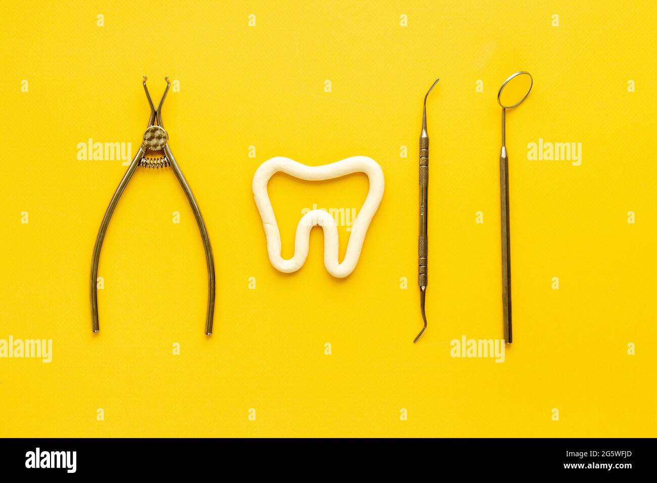 Dentist tools equipment flat lay. Dental care and oral hygiene concept