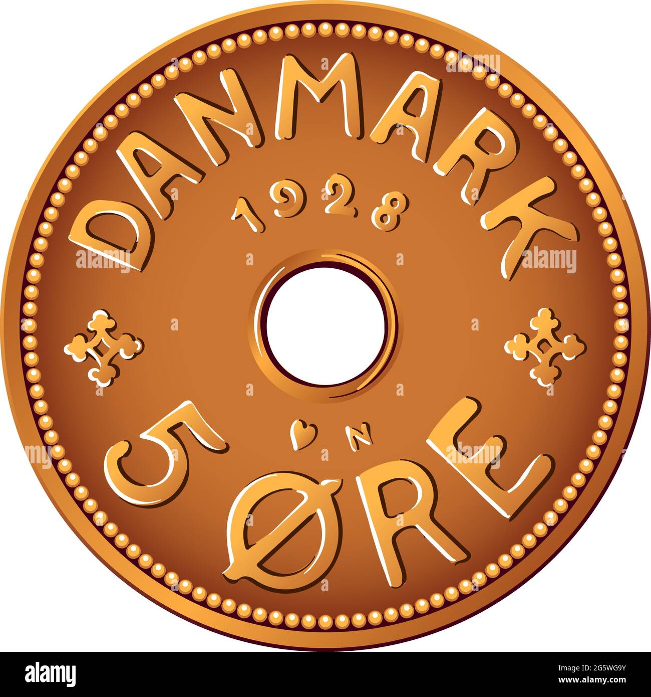 Obverse of Danish money tin-bronze 5 ore coin. Krone, official currency of Denmark, Greenland, and the Faroe Islands. Stock Vector