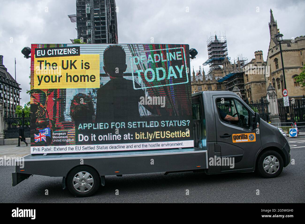 WESTMINSTER LONDON 30 June 2021.  A van driving around Westminster carrying an electronic message as today is the deadline for EU citizens living in the United Kingdom  to apply  for post-Brexit residency and settled status under the government's EU Settlement Scheme which ends  at midnight. Credit amer ghazzal/Alamy Live News Stock Photo