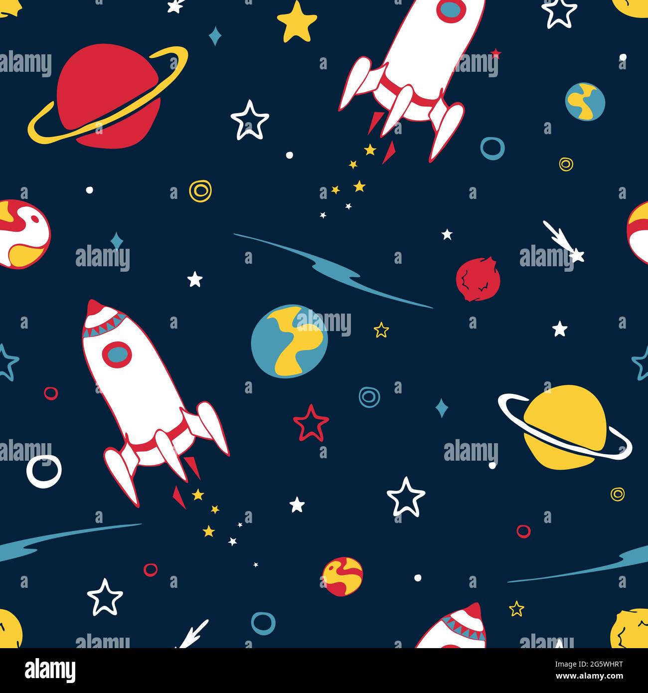 Seamless vector pattern with spaceship on dark blue background. Hand drawn space  wallpaper design for children. Cartoon galaxy fashion textile Stock Vector  Image & Art - Alamy