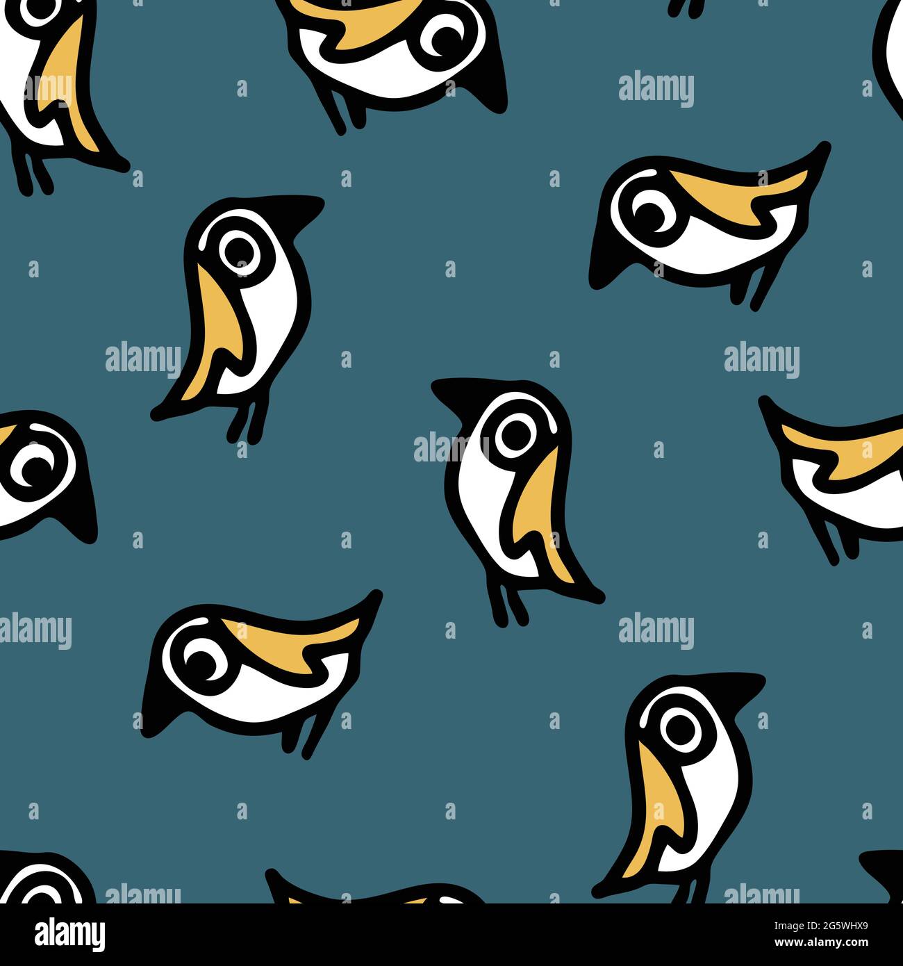 Seamless vector pattern with cartoon birds on blue background. Simple decorative robin wallpaper design. Hand drawn parrot fashion textile. Stock Vector
