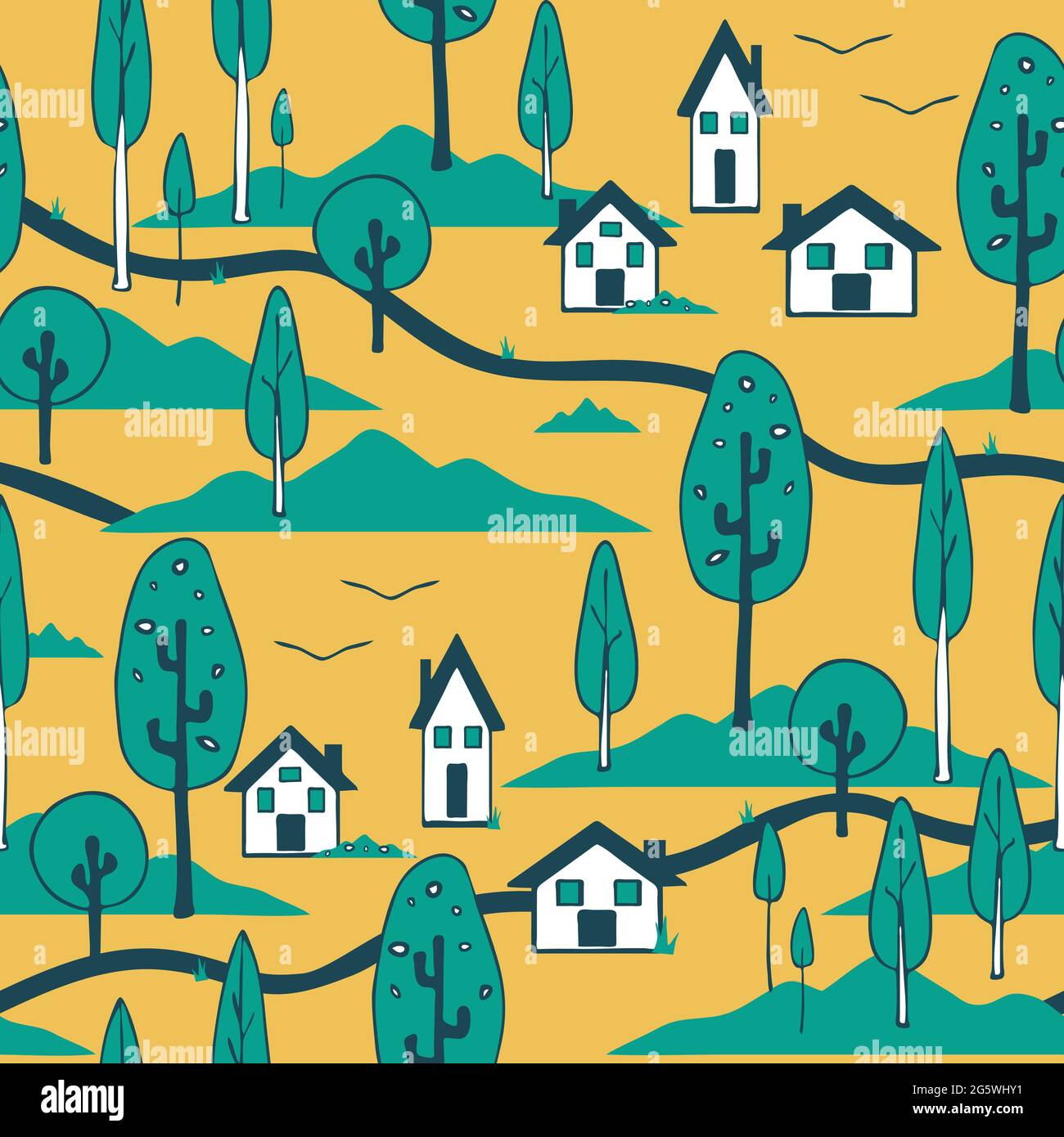 Seamless vector pattern with houses and trees on yellow background. Country home landscape wallpaper design. Decorative rural fashion textile. Stock Vector
