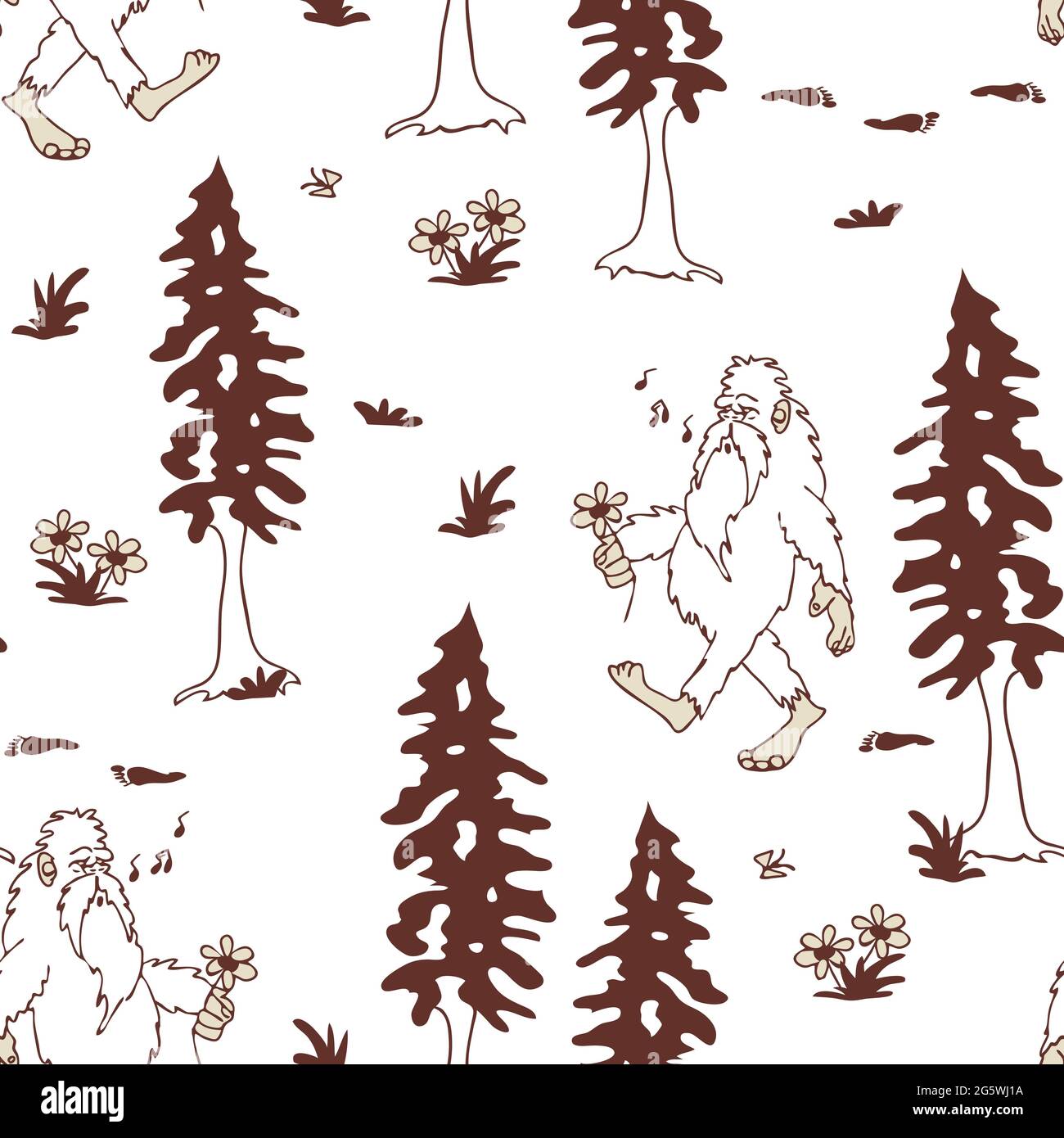 Seamless vector pattern with hand drawn Bigfoot on white background. Simple mystical forest wallpaper design. Legendary creature fashion textile. Stock Vector