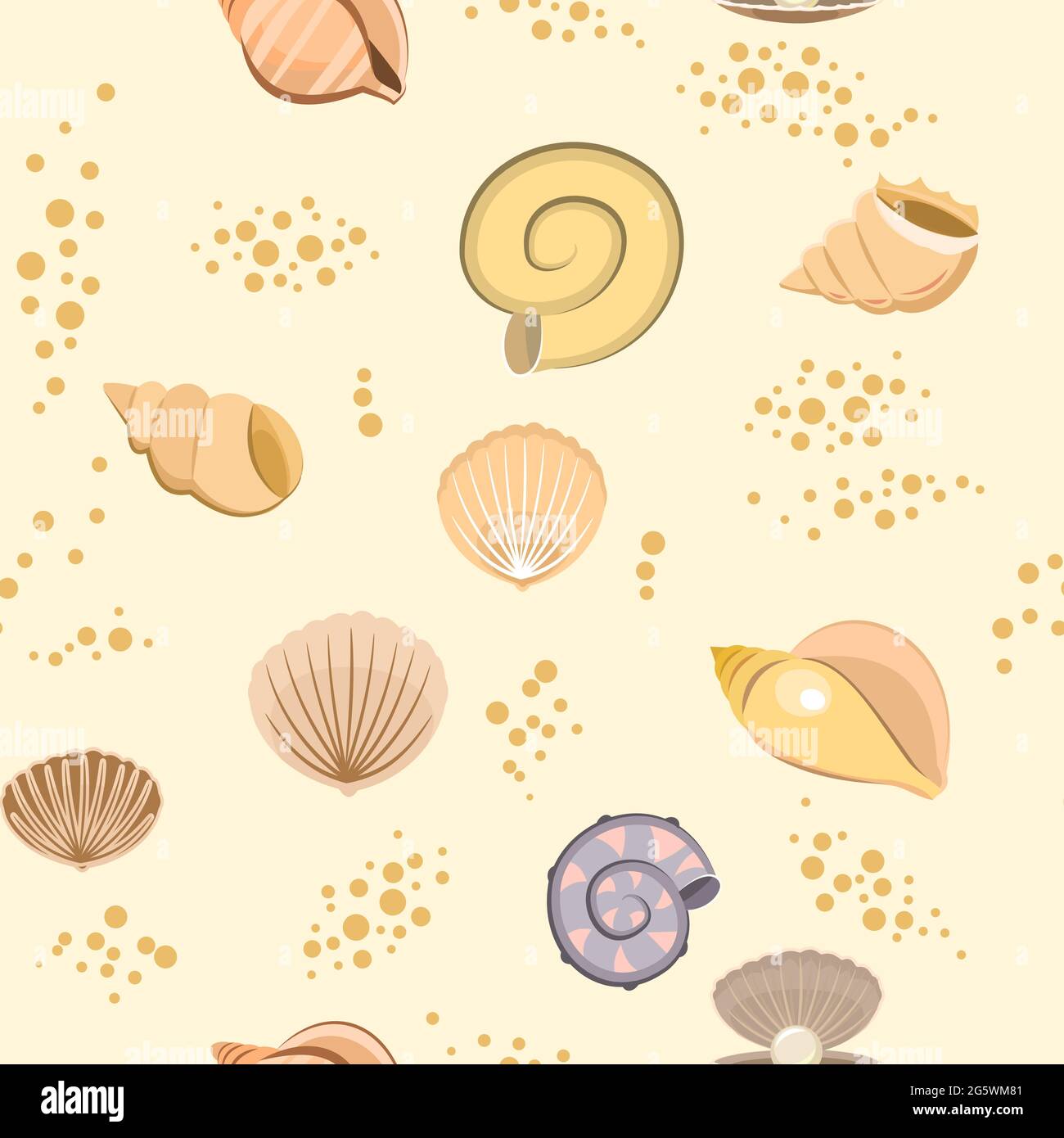 Shells on sand. Bottom of reservoir or beach. Sea ocean. Seamless. Illustration in cartoon style. Flat design. Vector art Stock Vector