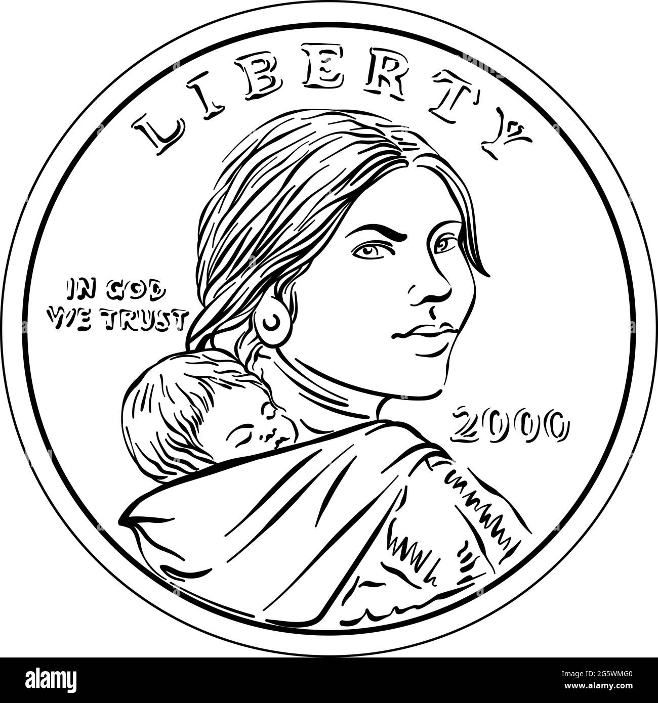 American money Sacagawea dollar, black and white, Sacagawea and her child on obverse Stock Vector