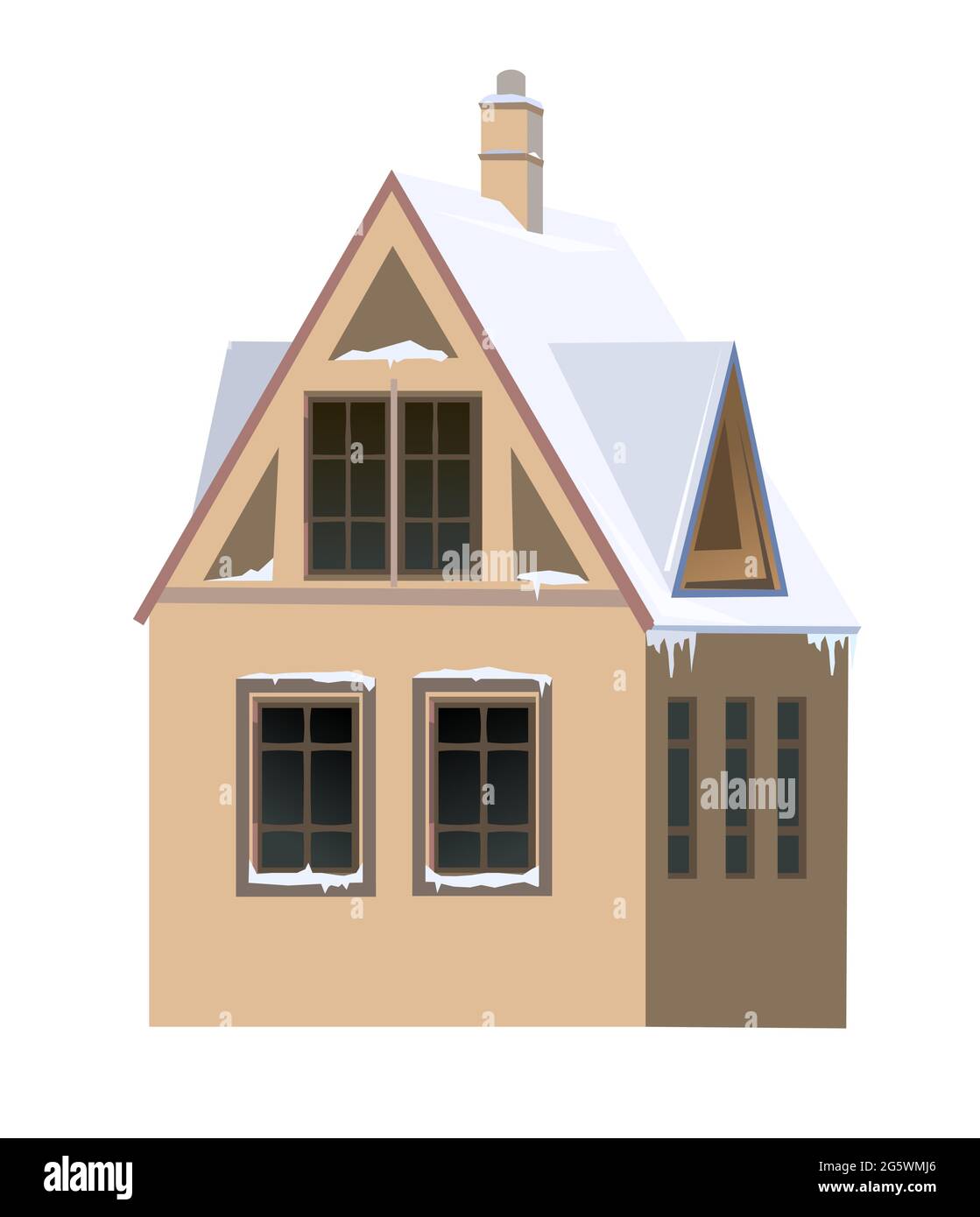 Country house. Winter season. Chimney. The roof is covered with snow. Gable roof outbuilding. Nice and cozy suburban private home. Flat cartoon style Stock Vector