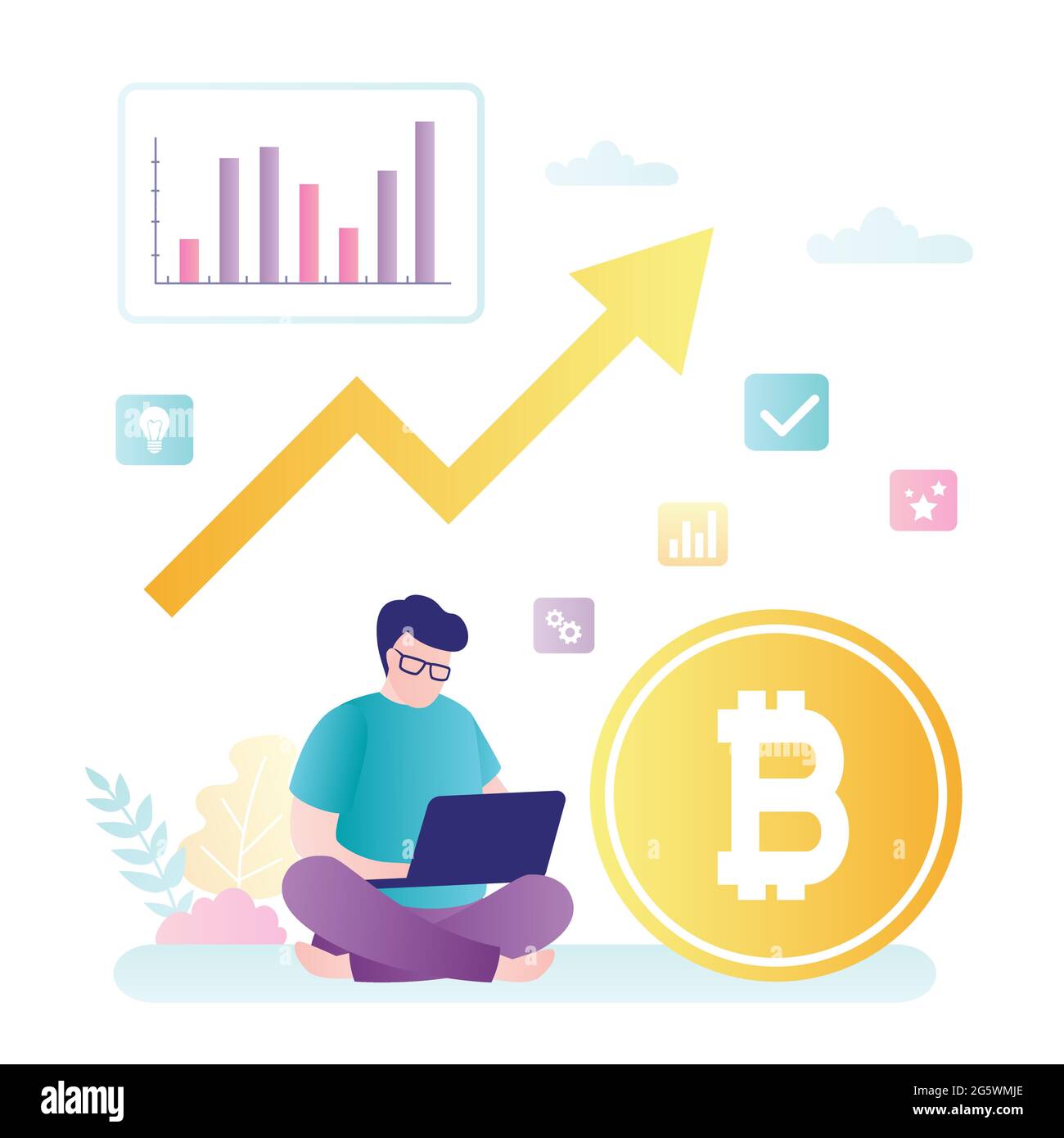 Trader use laptop for online trading. Big bitcoin and growing chart. Cryptocurrency market, blockchain technology. Yellow arrow and businessman. Flat Stock Vector