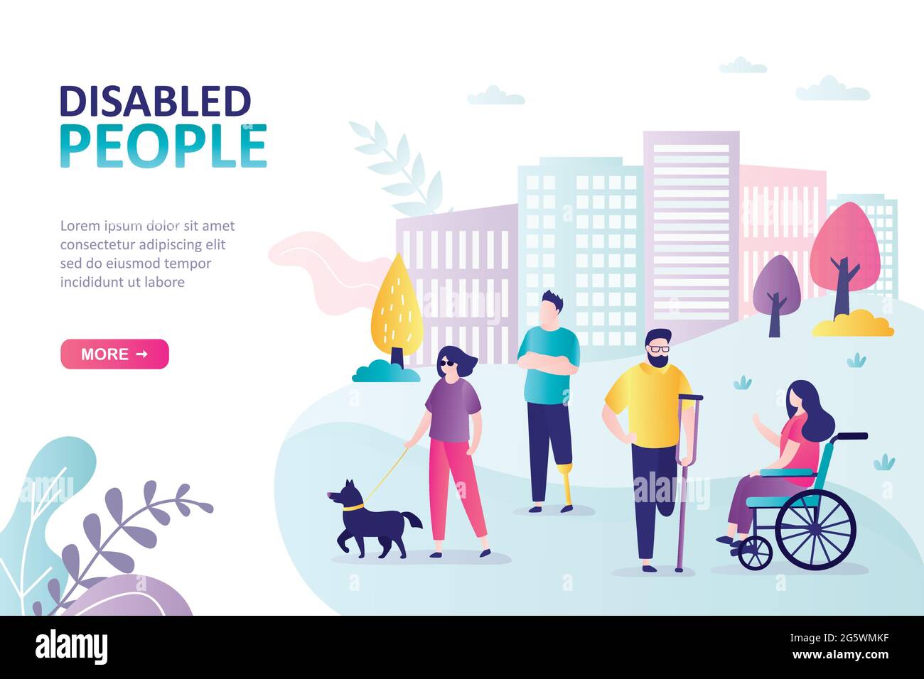 Disabled people, landing page template. Various disabled men and women outdoors. Handicapped characters walk in park, urban view on background. Equal Stock Vector