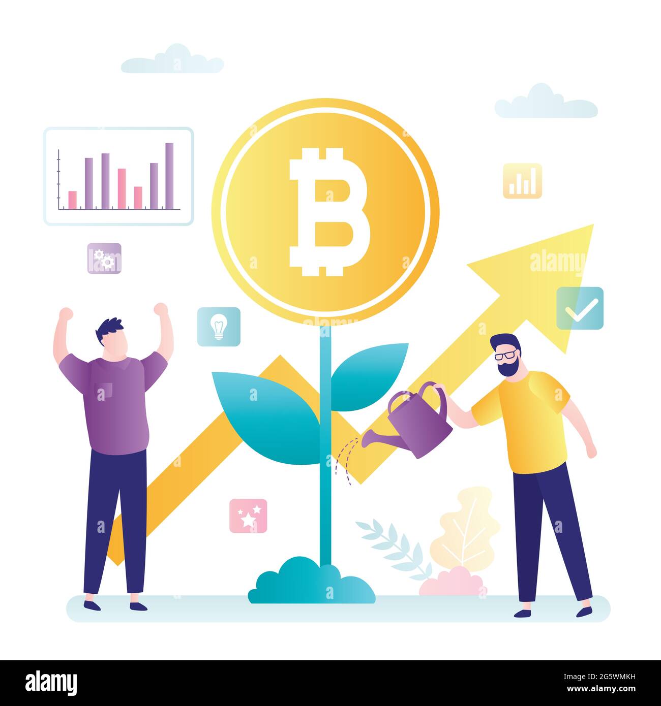 Business people, growing money tree. Investment strategies, businessman  invests in bitcoin. Cryptocurrency market, blockchain technology. Team of  succ Stock Vector Image & Art - Alamy