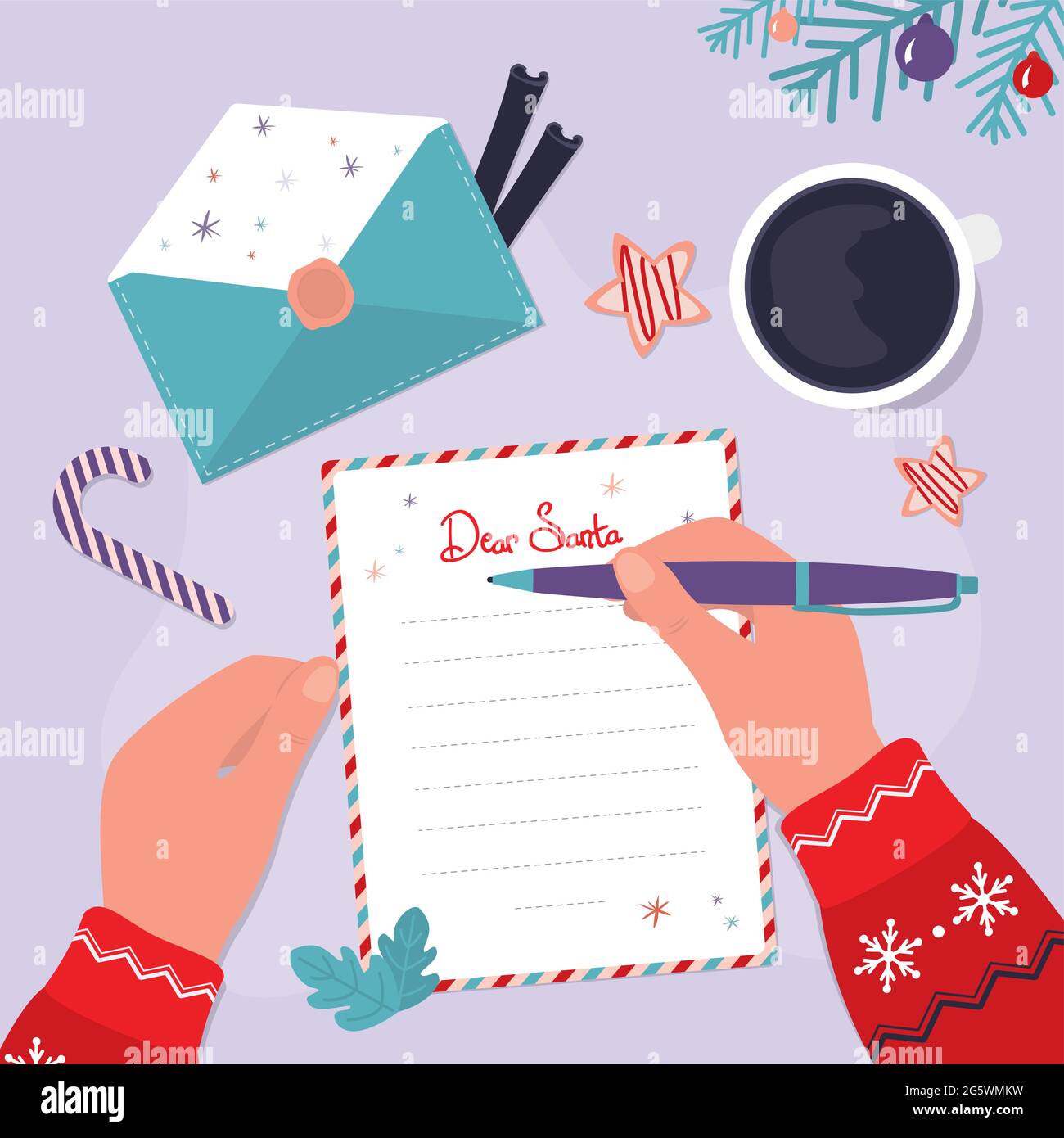 Boy writes letter with wishes for Father Christmas. Paraphernalia Christmas on background. Child hand with pen writes message to Santa Claus. Gifts wi Stock Vector