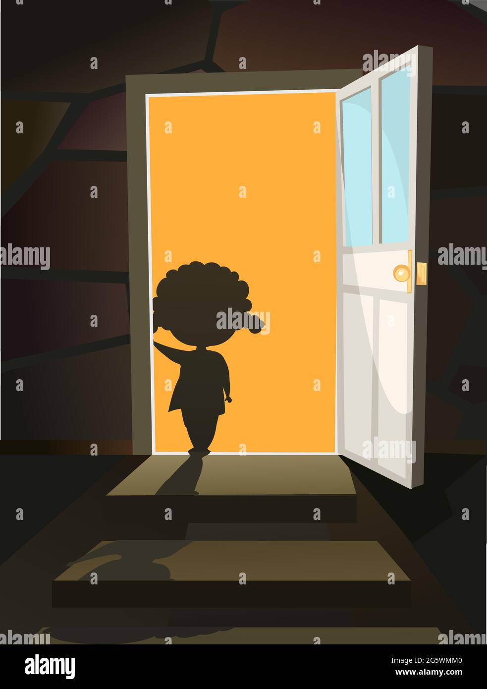 Childhood fear. A little girl peers into a dark room through an open door. Night. Steps to basement. Illustration for kids. Afraid of the dark Stock Vector