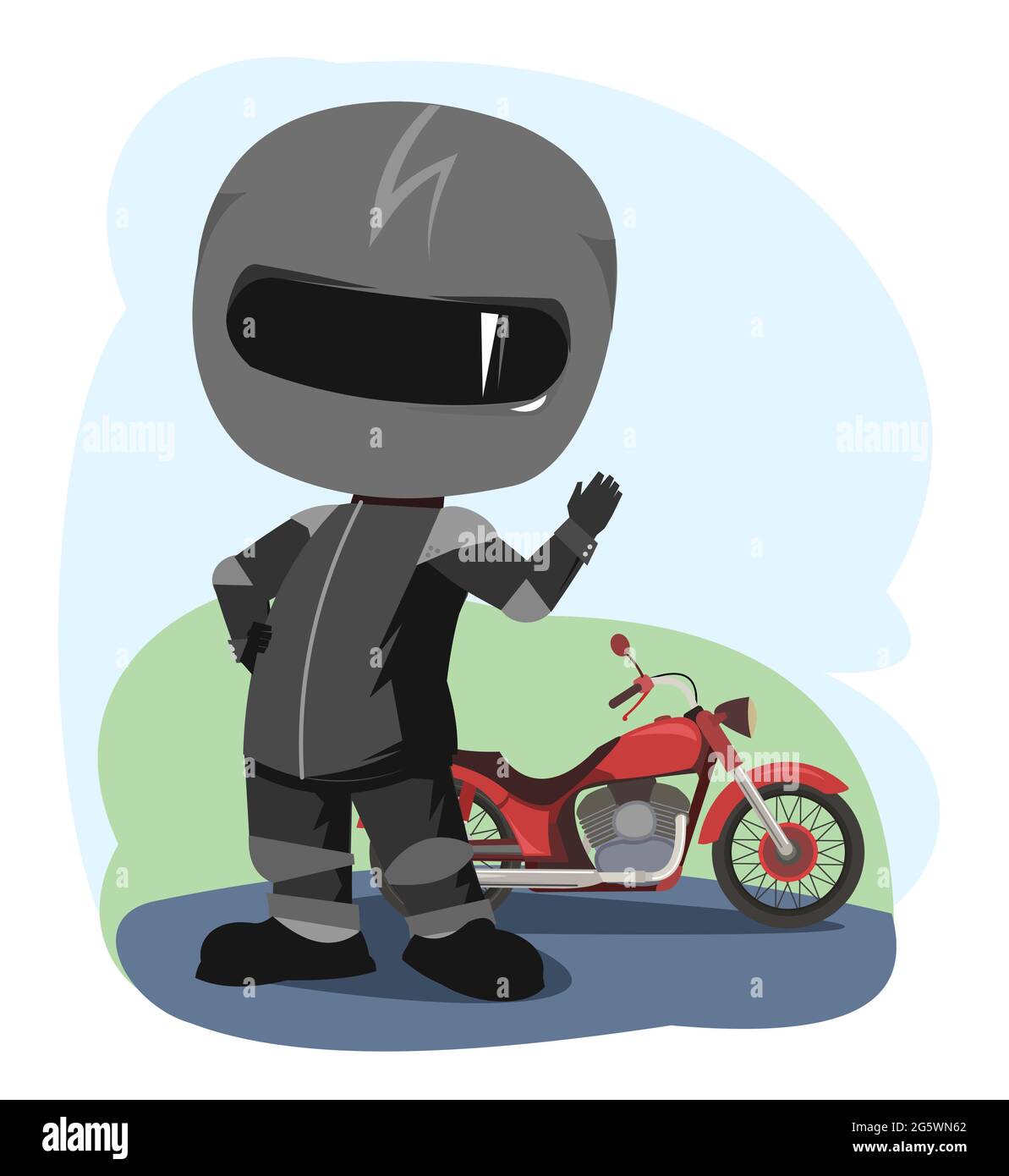 Biker cartoon. Child illustration. Waving hand. Sports uniform and helmet.  Cool motorcycle. Chopper bike. Funny motorcyclist. Isolated on white Stock  Vector Image & Art - Alamy