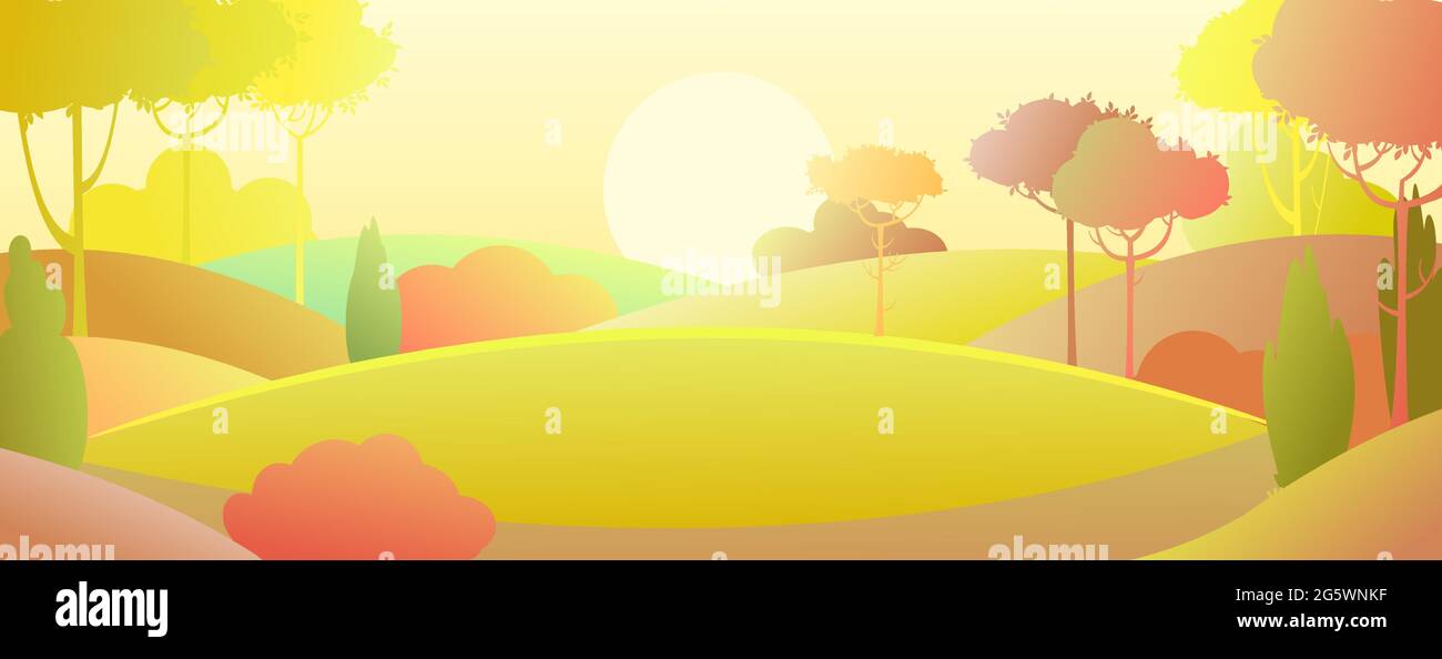 Silhouette autumn landscape. Beautiful scenic plant. Cartoon style. Hills with grass and trees. Cool romantic pretty. Flat soft design background Stock Vector