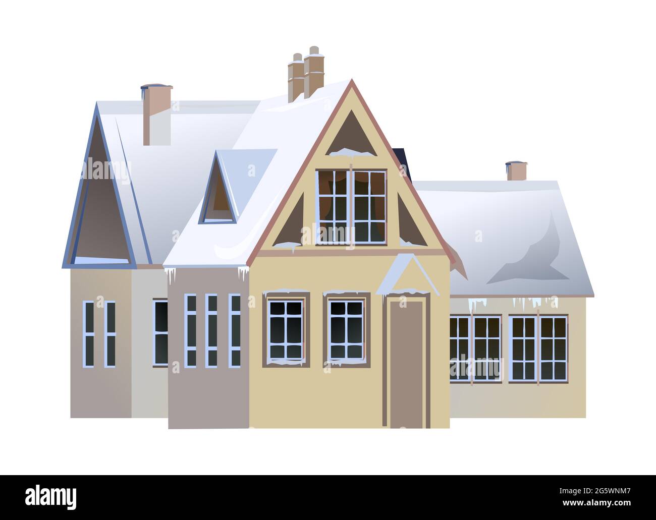 Country house. Winter season. Door. The roof is covered with snow. Gable roof outbuilding. Nice and cozy suburban private home. Flat cartoon style Stock Vector
