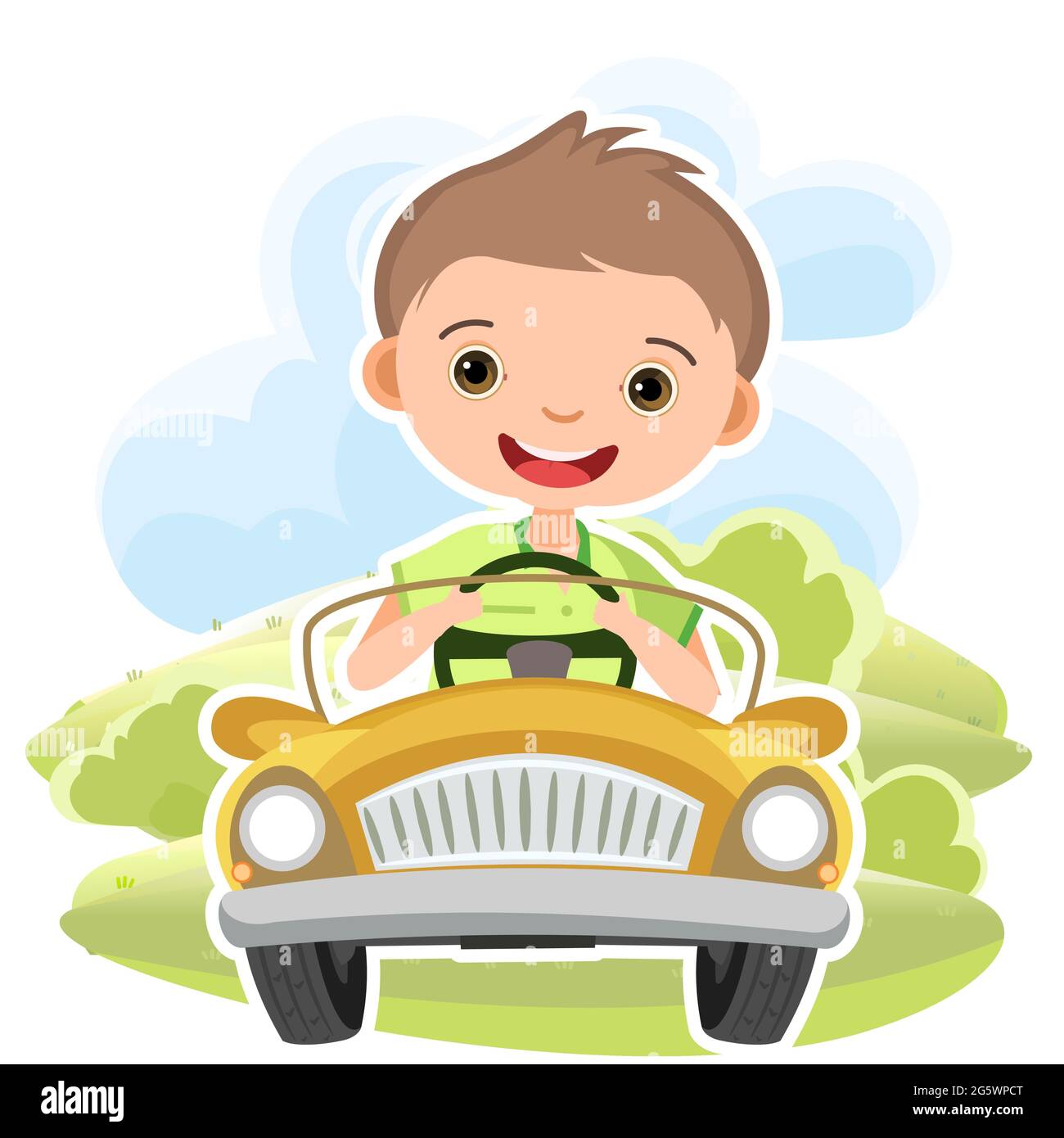 Childrens trip in a small car. Kid drives a pedal or electric toy  automobile. Hills. Cartoon illustration. Isolated. Summer rural landscape.  Vector Stock Vector Image & Art - Alamy