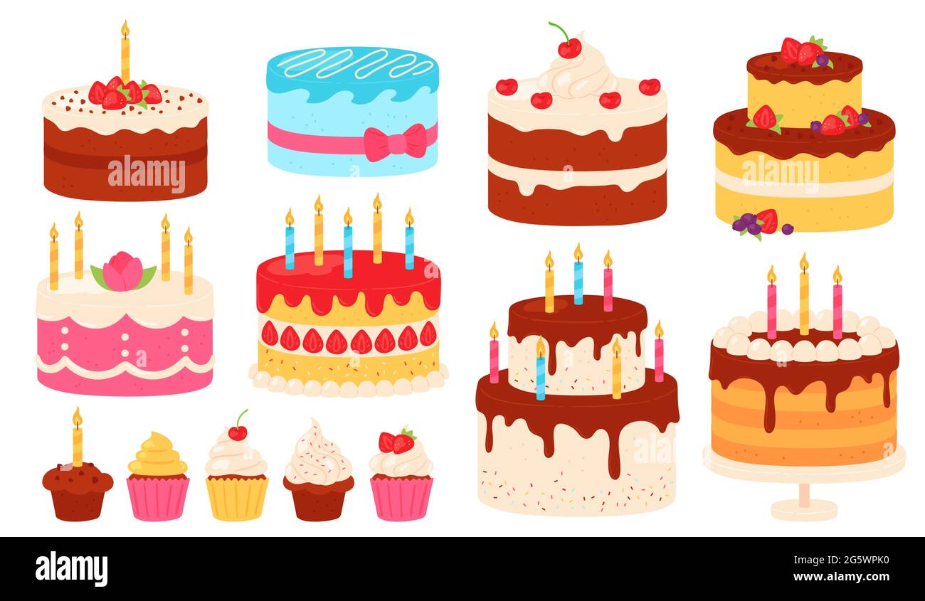 Birthday cakes. Chocolate and pink cake with cream icing and candles.  Cartoon sweet cupcakes for party. Happy anniversary dessert vector set  Stock Vector Image & Art - Alamy