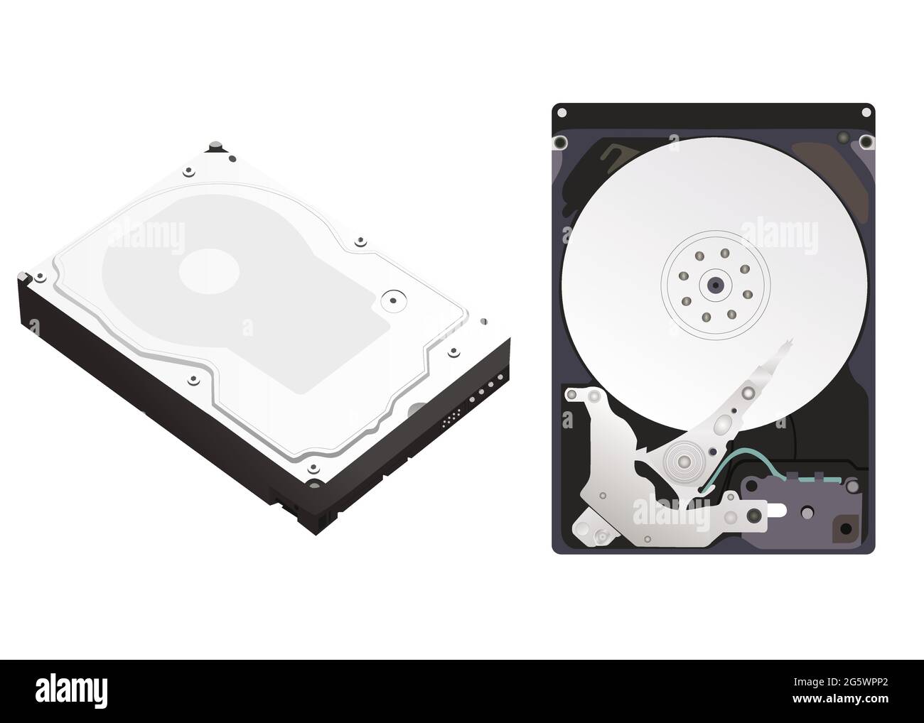 Disassembled and assembled hard disk drive isolated on white background. Vector illustration. Stock Vector