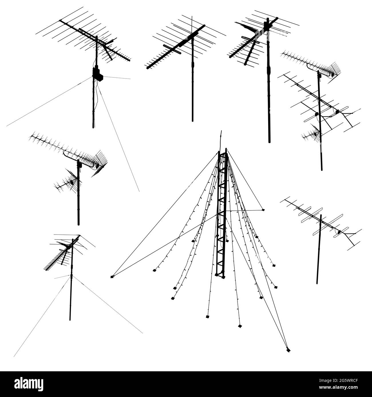 Set with silhouettes of antennas isolated on white background. Vector illustration. Stock Vector