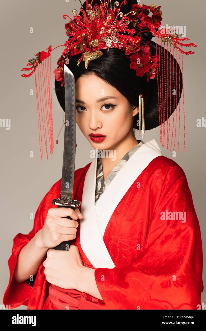 Brunette Japanese Woman Posing Sword Isolated Grey Stock Photo By