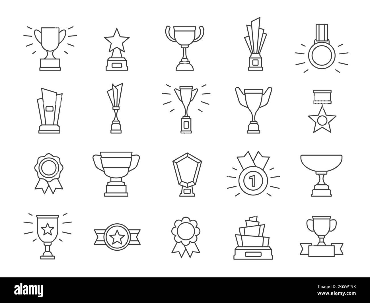 Champion line icons. Winner medals, award trophy cups and first prize badge. Outline competition victory reward, rank star symbol vector set Stock Vector