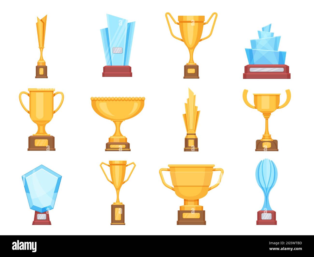 Golden trophy cups. Glass and gold award trophies for sports or competition. Crystal