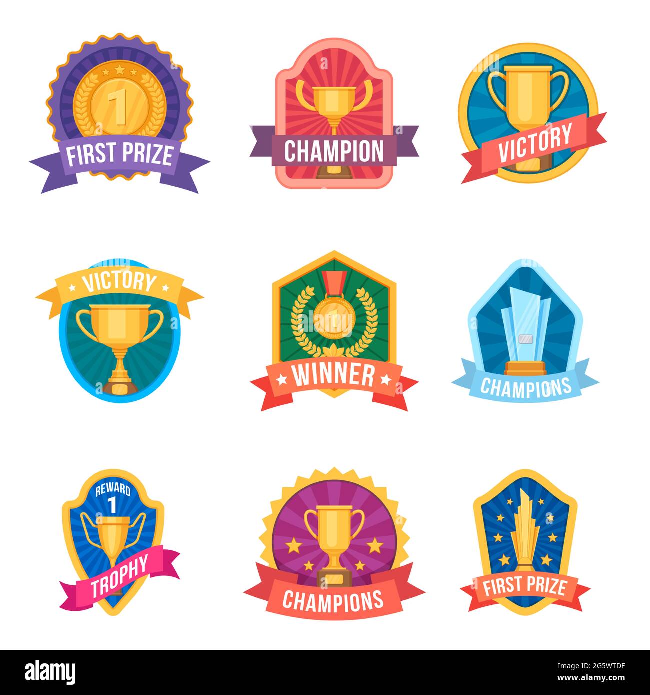 Champion emblems. Trophy cups and medals on award logos and sport league badges. Tournament victory. Cartoon winner first prize vector set Stock Vector