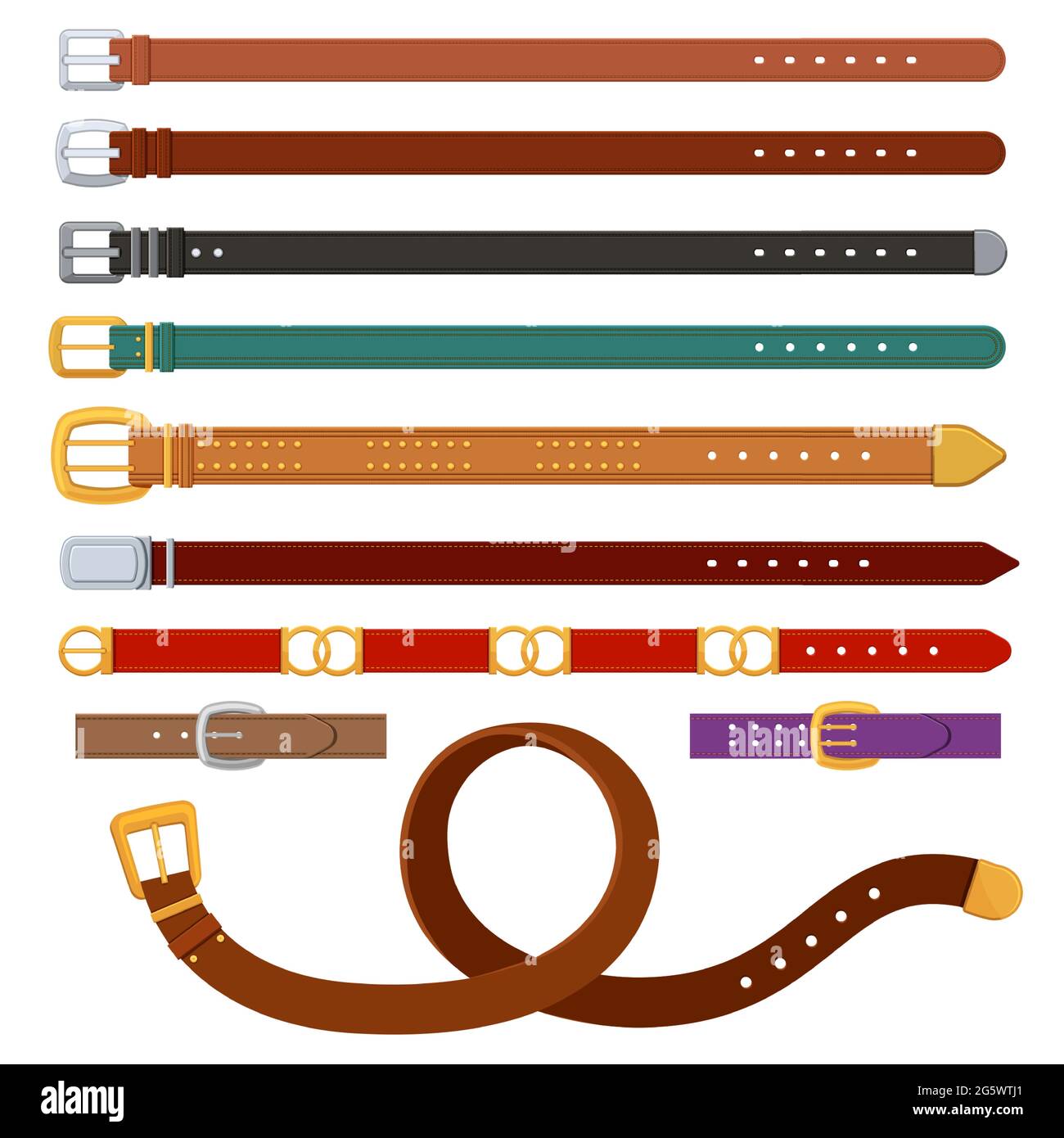Leather belts. Female and male belt with metal or golden buckles. Fashion clothing accessories for trousers. Brown strap design vector set Stock Vector