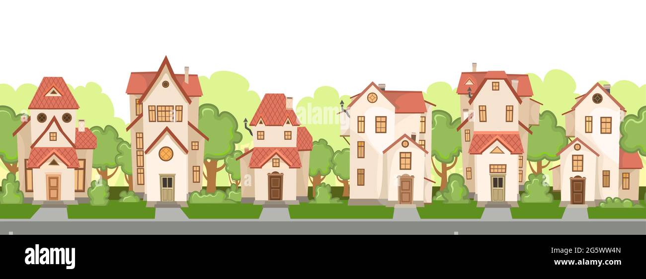 Street. Cartoon houses with trees. Village or town. Seamlessly. A beautiful, cozy country house in a traditional European style. Nice funny home Stock Vector