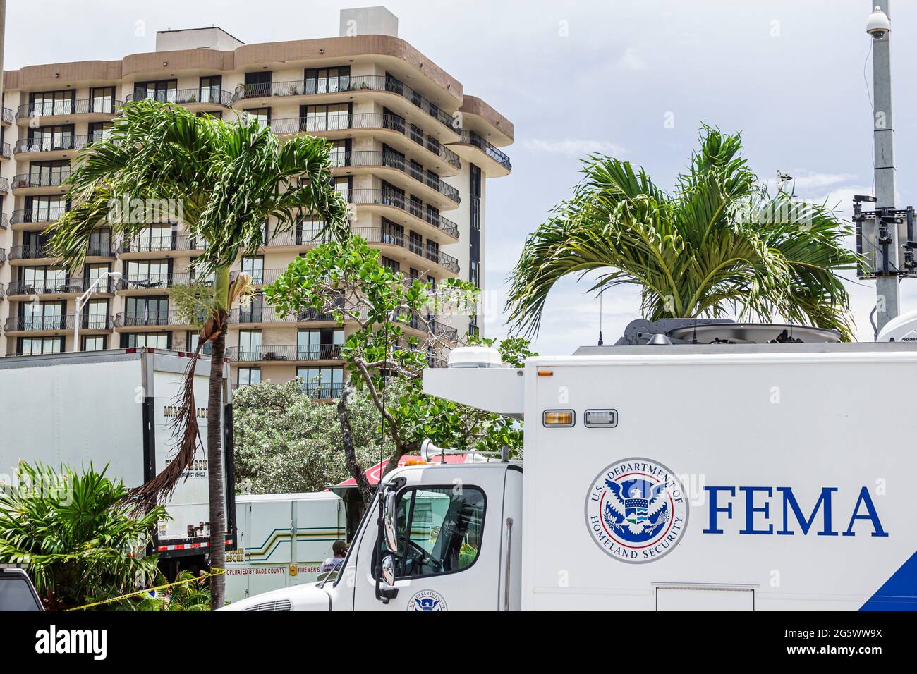 Miami Beach Florida Surfside Champlain Towers South condo condominium building collapse remaining standing structure collapsed disaster FEMA emergency Stock Photo