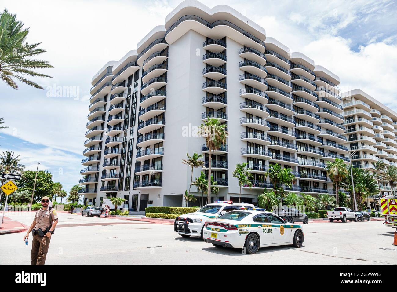 Miami Beach Florida Surfside Champlain Towers South condo condominium building collapse collapsed disaster identical Champlain Towers North residences Stock Photo
