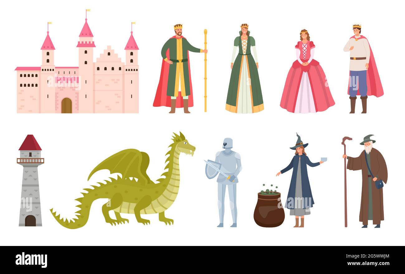 Fairytale characters. Cartoon medieval prince and princess, dragon, knight, witch and wizard. Magic royal castle, queen and king vector set Stock Vector