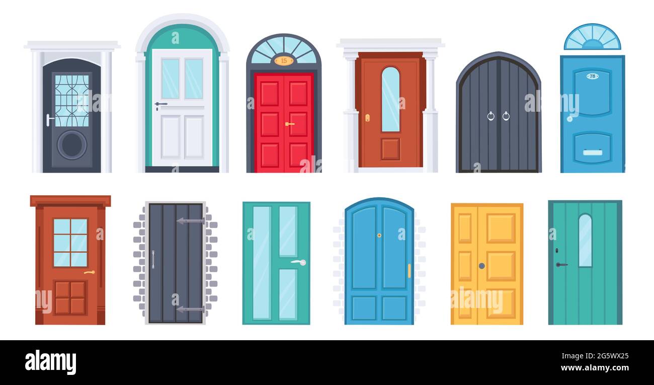 Front doors. Cartoon vintage house wooden doorway. Door with glass window.  Home entrances with frame and doorknob. Doors design vector set Stock  Vector Image & Art - Alamy
