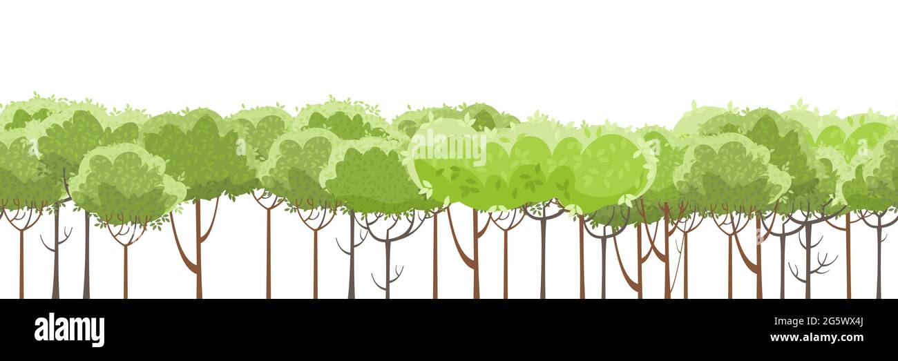 Thin young trees and bushes. Forest or garden.Grassy green rural hills. A beautiful and graceful landscape. Isolated on white background. Flat style Stock Vector