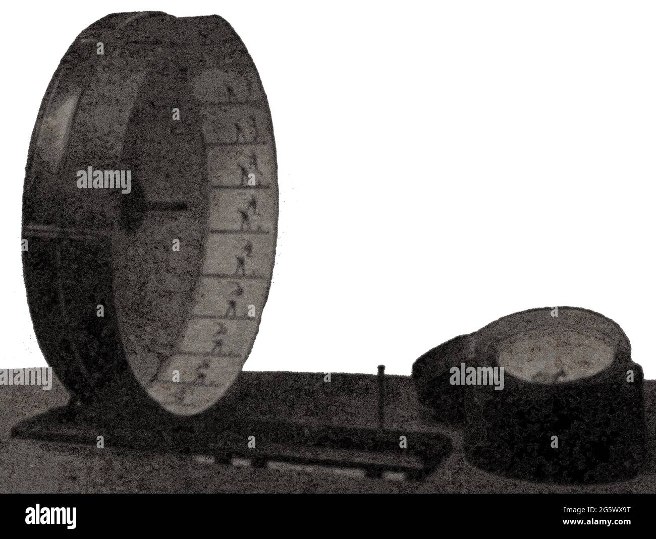 A Circa 1886 - An early printed image of a TACHYSCOPE wheel also known as an Elektrischen Schnellseher , Electrotachyscope, Electrical Quick-Viewer and   tachistoscope. It was a moving image machine, invented by Professor  Ottomar Anschütz ( 1846 -  1907),   German (Prussian) inventor, photographer, and chronophotographer. Seven different versions of the machine existed inclding one withn a projector. Stock Photo