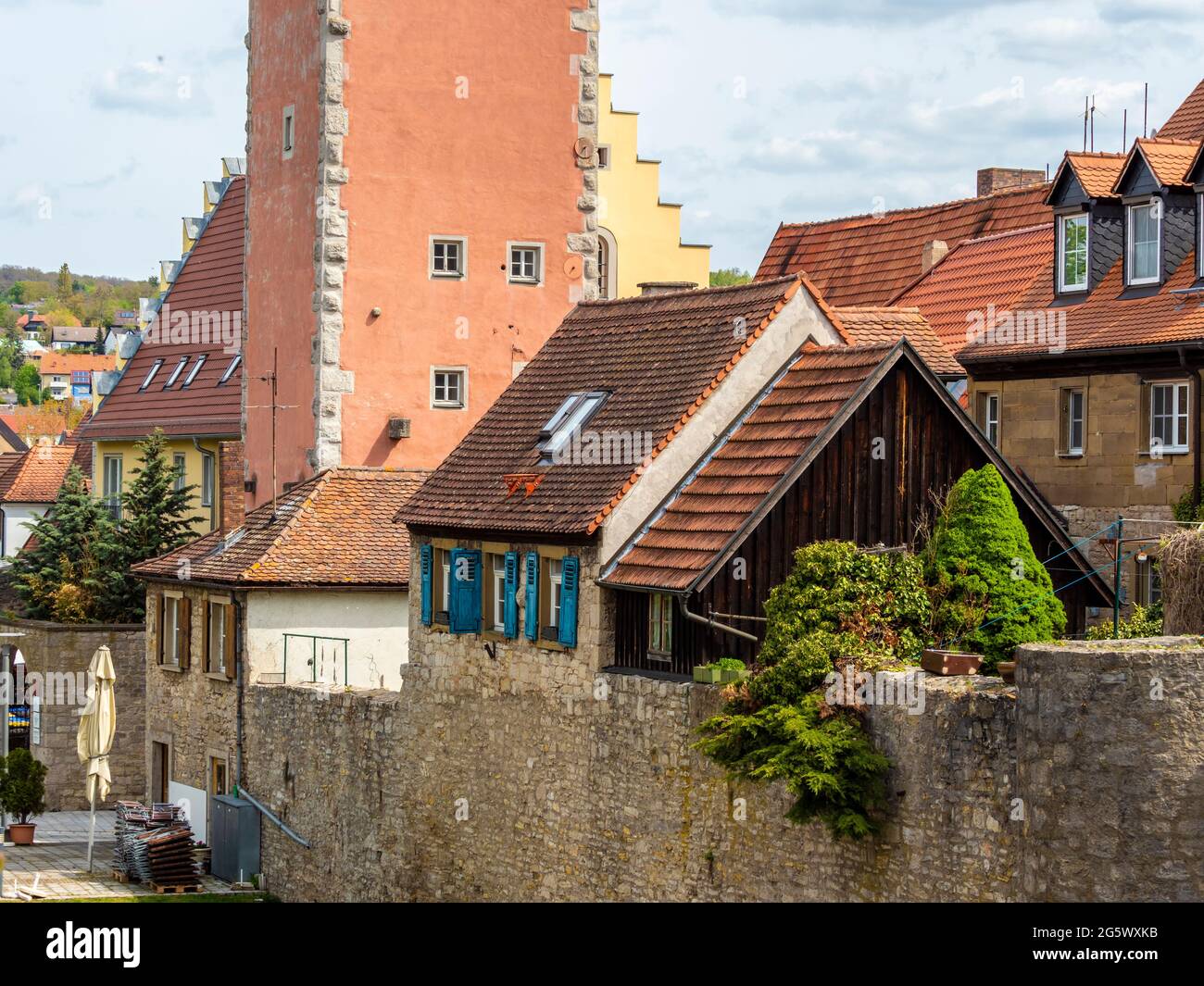 Historical houses in downtown  Ochsenfurt at river Main, Bavaria, Germany Stock Photo