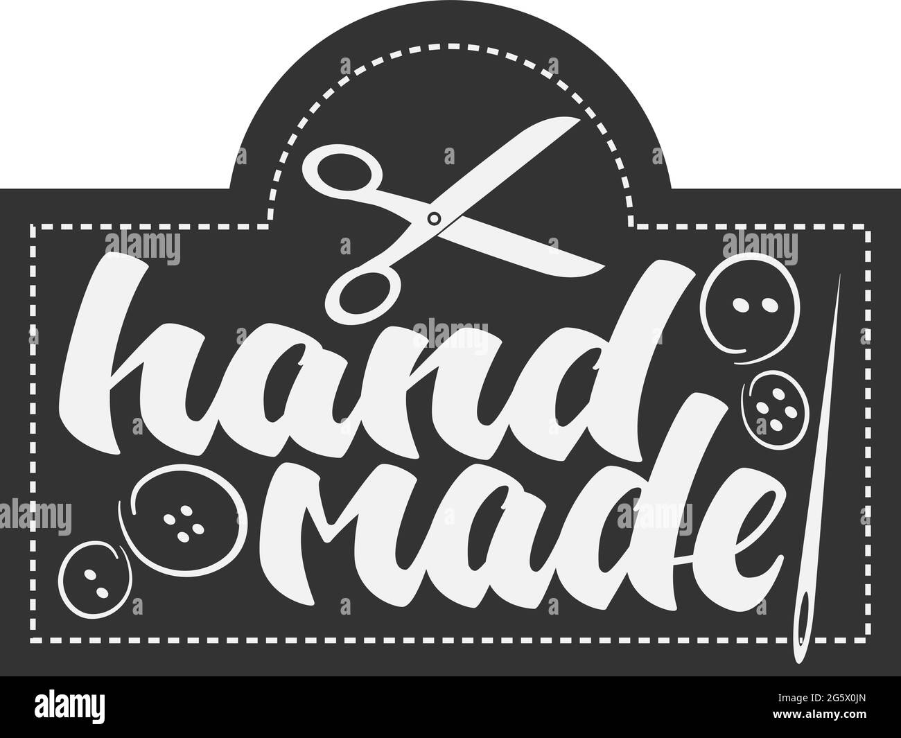 HANDMADE logo or label with scissors and needle and thread, vector illustration Stock Vector
