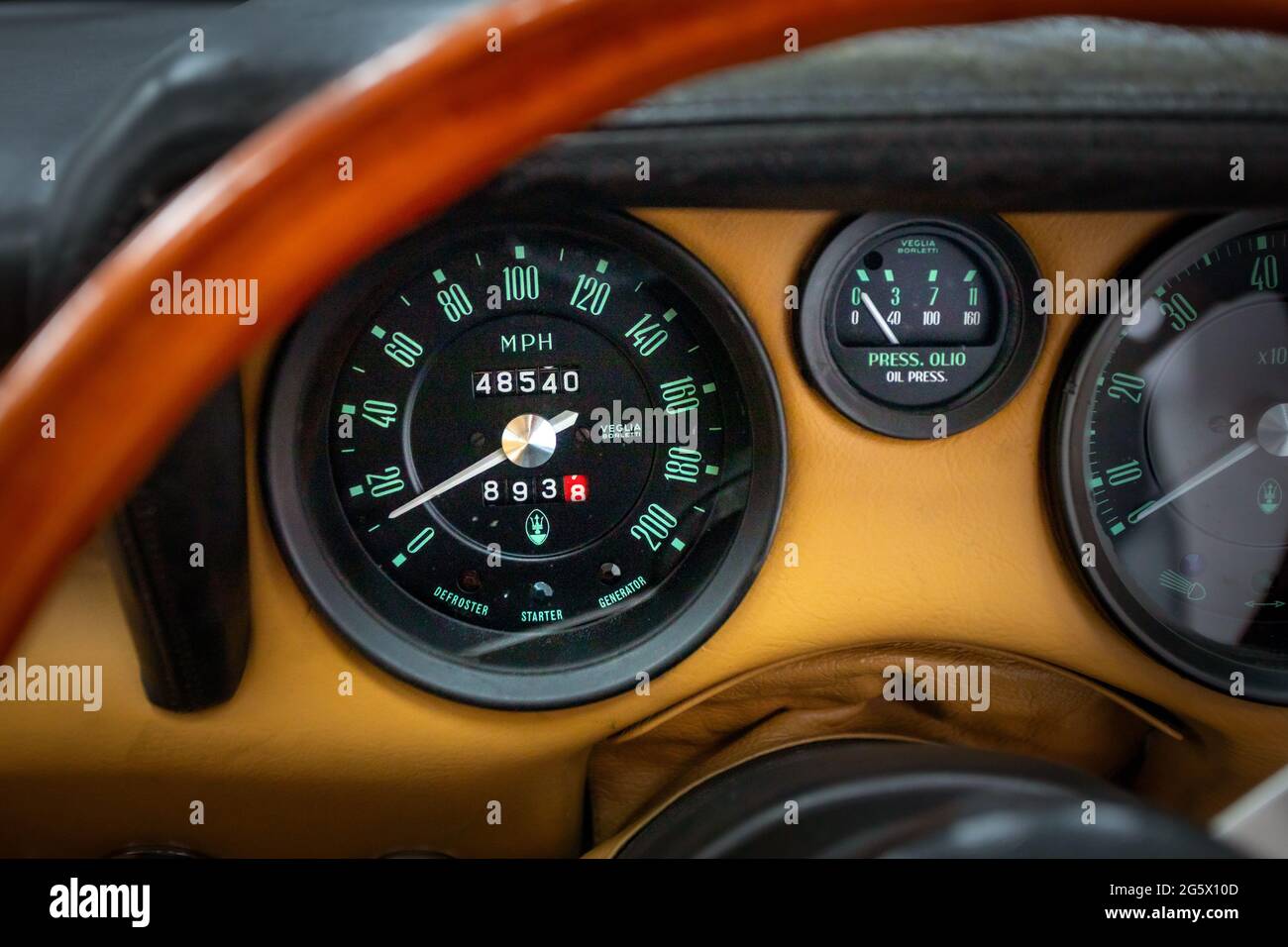 Detail of speedometer in a 1971 Maserati 4700 Indy America V8 - Stock Image