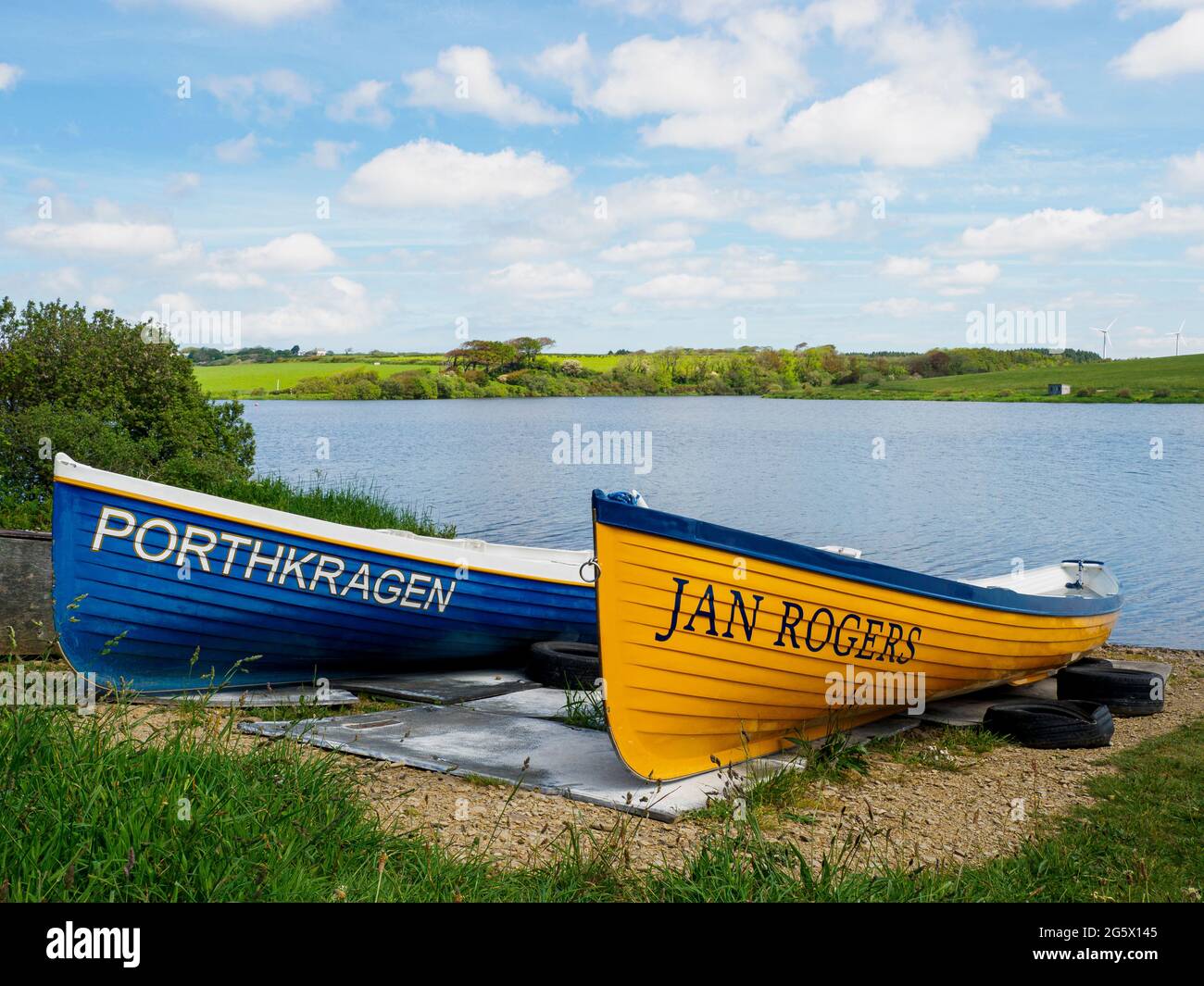 Gig boats on the edge of Upper Tamar Lake, Devon, UK Stock Photo