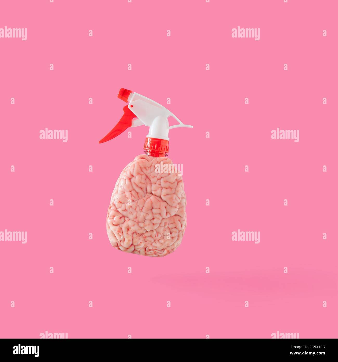 Creative layout with sprayer in the form of a brain  that shows   dissemination  of knowledge and ideas between people that collaborate and interact w Stock Photo