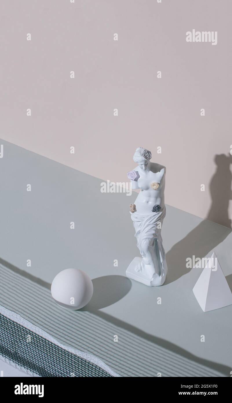 Abstract layout with the sculpture of an antique Venus and geometric shapes on the pastel gray sunlight background.  Concept art with a minimalist aes Stock Photo