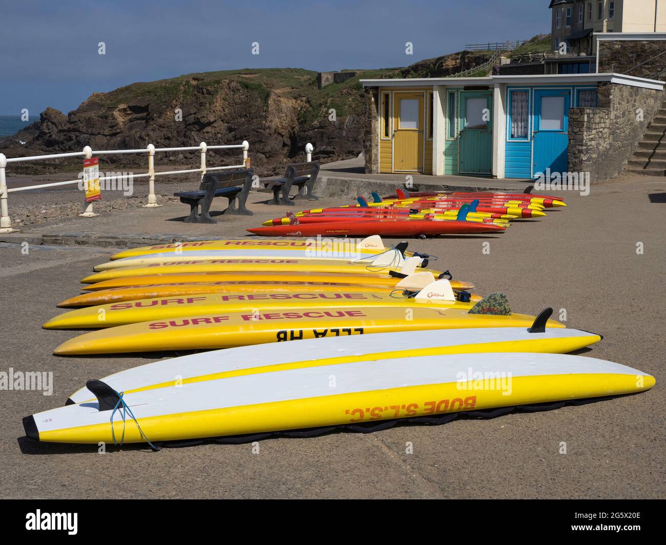 Bude surf life saving club boards ready for a training session, Bude, Cornwall, UK Stock Photo