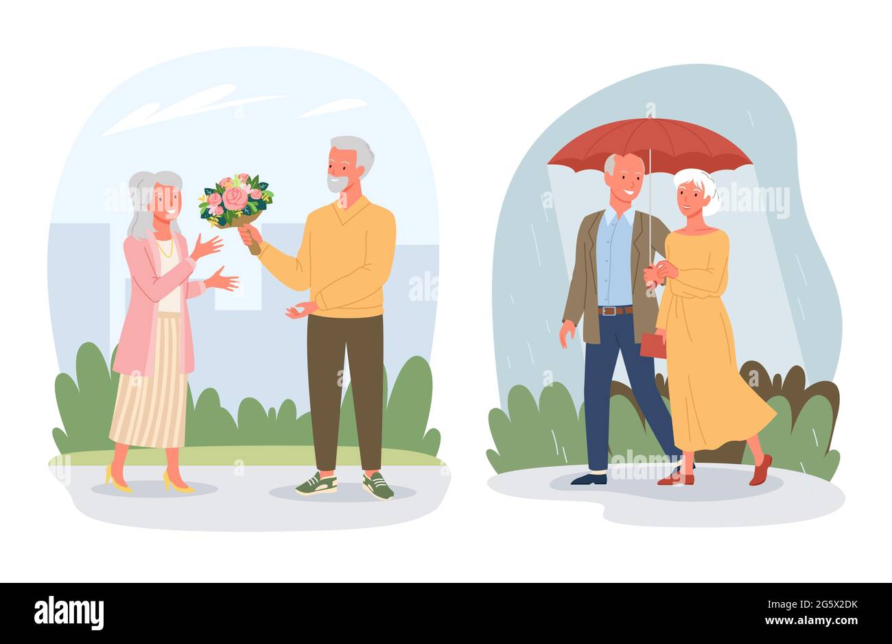 Cartoon retired pensioner lover characters sitting together on sea beach, walking in rain isolated on white. Dating of happy elderly loving couple Stock Vector