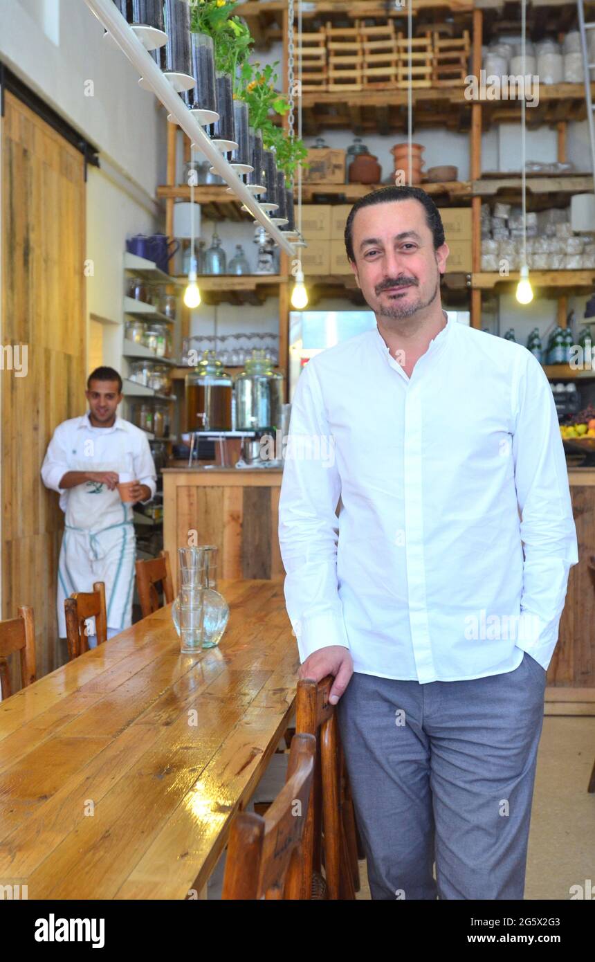 LEBANON. BEIRUT. KAMAL MOUZAWAK IS THE ICONE OF THE NEW CUISINE OF LEBANON. IN GEMAYZE, HIS RESTAUTANT'TAWLET' IS OFFERING EACH DAY A DIFFERENT MENU M Stock Photo