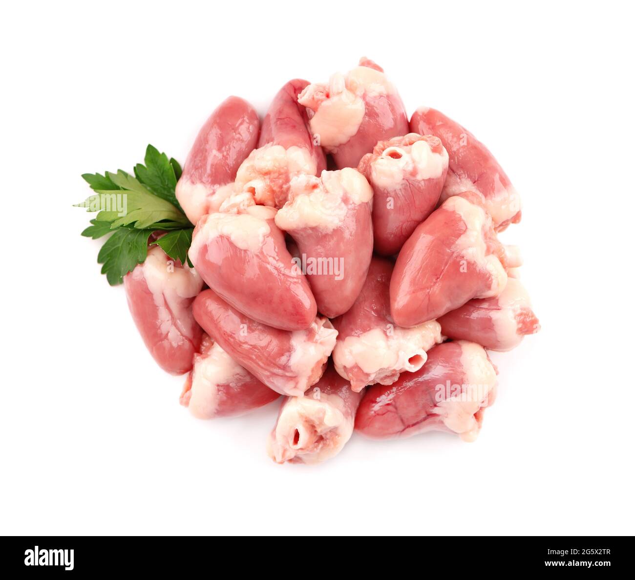 Chicken hearts raw isolated on white background. Fresh chicken broiler hearts with parsley leaves. Top view. Stock Photo