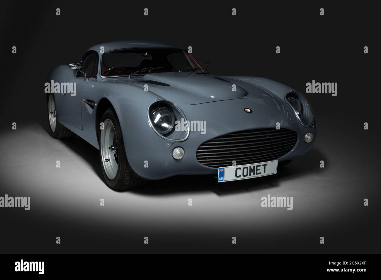 Front quarter view of a grey 2018 handbuilt Dowsetts Comet 6.2 V8 sports car - Stock Image