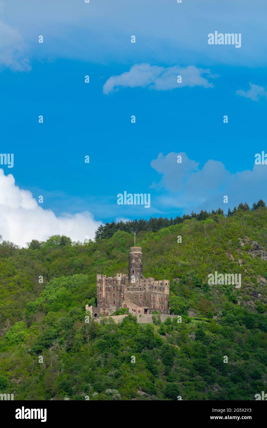 Medieval Maus Castle, today in private ownership,, Upper Middle Rhine Valley, UNESCO World Heritage Region, St. Goarshausen-Wellmich, Rhineland-Palati Stock Photo