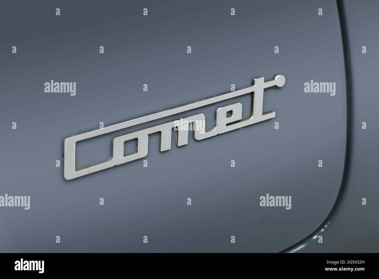 View of the Comet name badge on a grey 2018 handbuilt Dowsetts Comet 6.2 V8 sports car - Stock Image