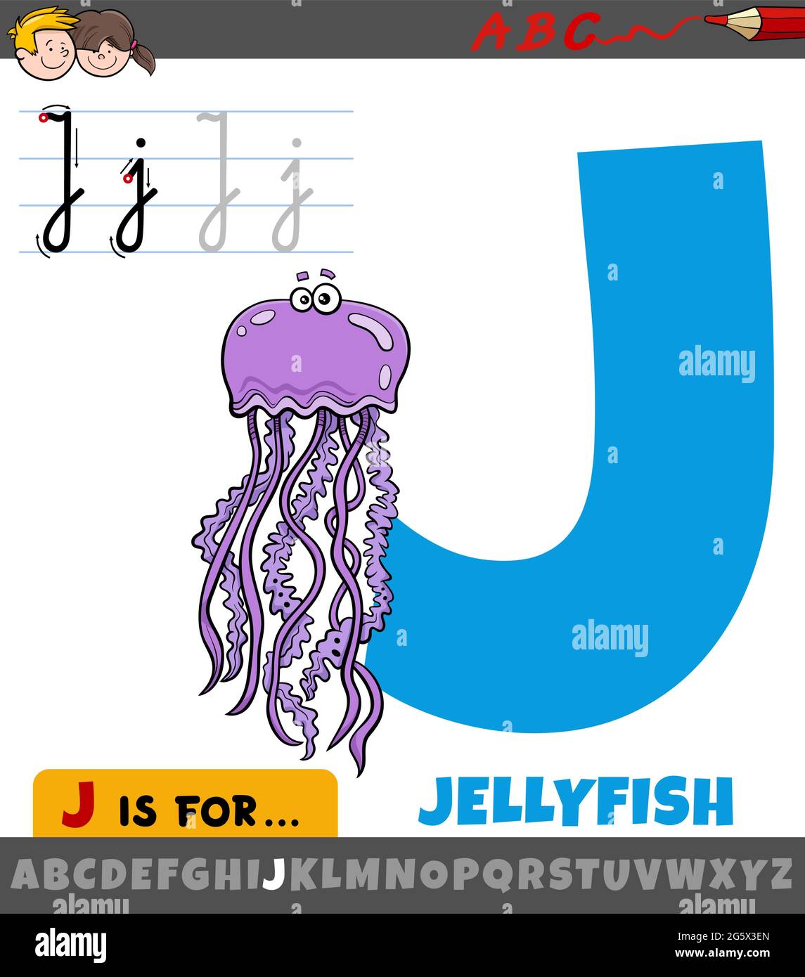 Educational cartoon illustration of letter J from alphabet with