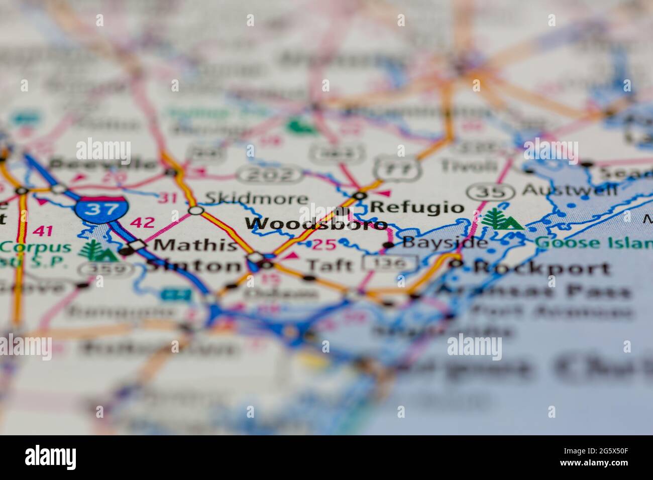 Woodsboro Texas USA shown on a Geography map or Road map Stock Photo